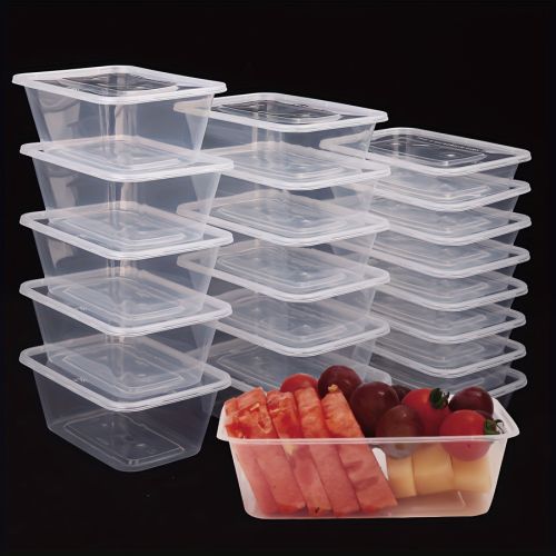 Paper and plastic food containers.